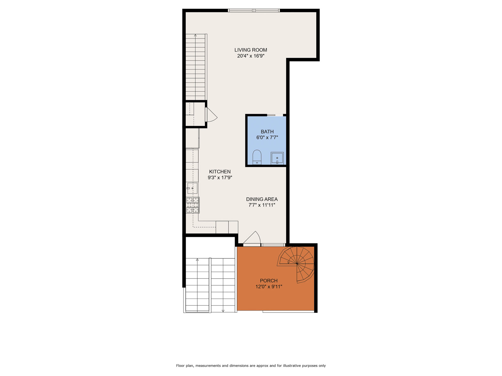 Main living level floor plan with kitchen and dining